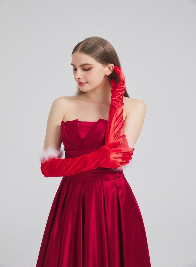sodknow Long Red Satin Gloves with Feathers Women Costume Long Red Gloves Elbow Length for Opera Halloween Christmas Outfits Cosplay 1920s Gatsby Party Masquerade Balls Formal Evening Vintage Flapper Dress up - Image 4